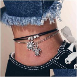 Anklets Simple Geometric Turtle Sun Animal Square Beaded Black Wire Rope Chain Anklet Ladies Beach Tourism Drop Delivery Jewellery Dhdsf