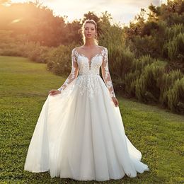 Modern Illusion Appliques Abiti da sposa A Line per le donne Abiti da sposa bohémien a maniche lunghe con scollo rotondo 326 326