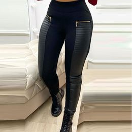 Women's Pants Skinny Leggings Leather Trouser Women Stretchy Tights Casual Patchwork Zip Panel Contrast Slim Fit Jeans With Pocket Black