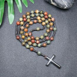 Pendant Necklaces 1PC Picasso Natural Stone Cross Bead Necklace With Iron Gallstone Beads Handmade 8mm Men's Ethnic Style