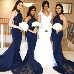 Sexy Dark Navy Bridesmaid Dresses Mermaid Halter Neck with Lace Maid of Honor Gowns Sleeveless Long Formal Wedding Guest Dresses Custom Gown