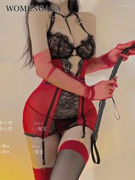 Casual Dresses WOMENGAGA Black And Red Sexy Uniform Gathers Gauze Mesh Lace Perspective Tight Tank Mini Dress Korean Babes E8YH