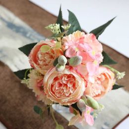 Dried Flowers Bouquet peony fake flower big head 4 small bride rose pink silk wedding home decoration