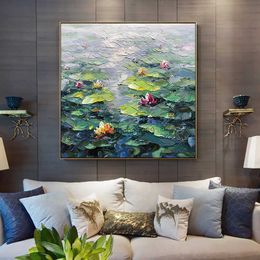 Handmade Wall Art Home Decor Picture Lotus Oil Painting Abstract Tick Oil On Canvas Flower Murale Modern Decoration Painting L230620