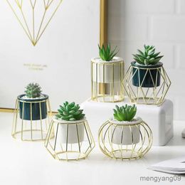 Planters Pots Wrought Iron Succulent Flower Pot Wrought Iron Vase Simple Iron Frame Ceramic Gold-plated Flower Pot Pots for Plants R230620