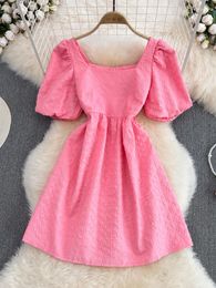 Party Dresses Fashion Sweet Princess Dress Women Romantic French Elegant Square Neck Puff Short Sleeve A-Line Female Pink Robe