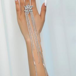 Cluster Rings Rhinestone Super Long Tassel Drop Pendant Flower Party Finger Jewellery For Women Crystal Zircon Open Accessories Gift