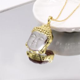 Pendant Necklaces Fashion Religious Buddhism Gold Plated Crystal Leshan Giant Buddha Head Smiling Charm Necklace