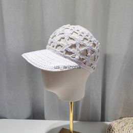 Women Summer Handmade Crochet Baseball Cap Solid Color Hollow Out Sweet Floral Weave Lady Leisure Vintage Slouchy Sun Hat L230620