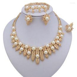 Necklace Earrings Set 18K Real Gold Plated With Collarbone Pearl Bracelets Rings Four Piece Jewelry Bu10101