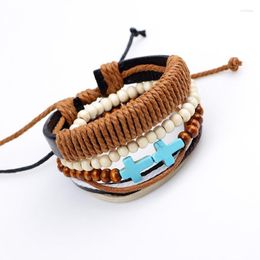 Charm Bracelets 4pcs/set Boho Hippie Punk Brown Cord Wrap Knots Leather Turquoises Cross Wooden Bead Stacked Layers Wide For Man