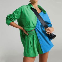 Women's Tracksuits Summer Shirt And Shorts Office High Waist Green Women Turn Down Collar Long Sleeve Tops Suit Cotton Casual Sets