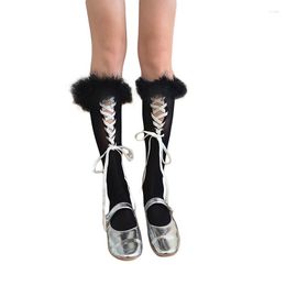 Women Socks Xingqing 2000s Aesthetic Lolita Cute Kawaii Cross Tie-Up Knee High Ballet Style Fur Trim Stockings