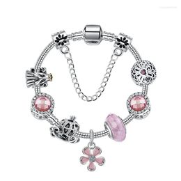 Charm Bracelets 2023 Charms Bracelet With Pink Flower & Glass Bead Safety Chain Jewelry Bangle For Women Gift