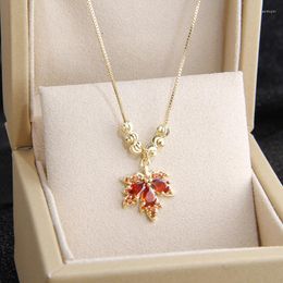 Chains 14k Plated Gold Crystal Maple Necklace Shining Bling Zircon Women Clavicle Chain Elegant Charm Wedding Pendant Jewellery