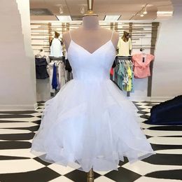 SWhite Spaghetti Strap Short Homecoming Dresses Sweetheart Ruffle Mini Birthday Graduation Cocktail Party Gown