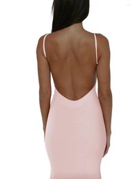 Casual Dresses FOMOYUU Women Long Bodycon Dress V Neck Sleeveless Backless Solid Color Sling Cocktail Summer Party Club Slim (A