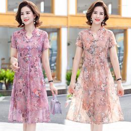 Party Dresses Summer Chiffon Oversize Dress For Middle Age Women 2023 Elegant Cheongsam Floral V-Neck Short Sleeve Slim Beautiful