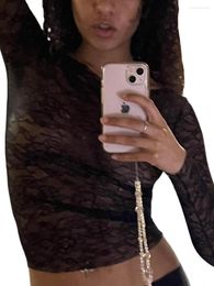 Women's Tanks Come Mesh Tops For Women Lace See Through Sheer Blouse Black Sexy Clubwear Without Bra (Black F L)