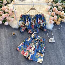 Women's Tracksuits Teeuiear Boho Sexy Off Shoulder Floral Print Summer Short Top Two Piece Outfits Suit Women Casual Beach Holiday Bandage