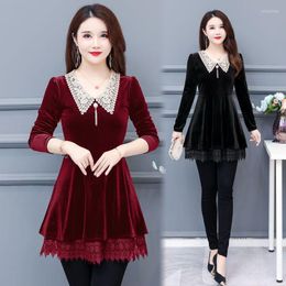 Women's Blouses Spring Autumn Arrival Women Blouse Velvet Patchwork Lace Slim Fit Pullover Tops And Shirts Womens Clothing Q369