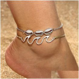 Anklets Retro Fashion Beach Surf Spray Alloy Shell Anklet Footwear Two Combination Set Bracelet Hawaii Drop Delivery 202 Dhftx