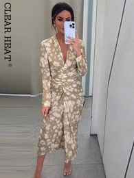 Basic Casual Dresse Vintage Print Tied Side Wrap Dress Female Fashion V Neck Long Sleeve 2023 Summer Ladies High Waist Midi Vestidos 230620