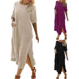 Casual Dresses Retro Cotton Linen Short Sleeve For Women Summer O-neck Loose Waist Pocket Maxi Dress Lady Boho Plus Size