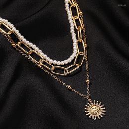 Pendant Necklaces Fashion Sun Pendants For Women Ladies Multilayer Simulated Pearl Beads Link Chain Necklace Jewelry Collars