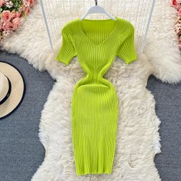 Party Dresses Fashion V-neck Slim Summer Clothes For Women 2023 Vintage Solid Colour Knitting Temperament Buttock Wrapping Dress