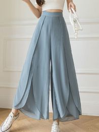 Korean Fashion Elastic Pants Women High Waist Wide Leg Pants Summer Casual Loose Chiffon Trousers Elegant Wide Leg Long