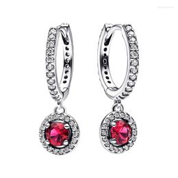 Hoop Earrings Dangle Red Round Crystals For Women 925 Sterling Silver Original Fine Jewellery Pave Setting Clear Zircons Love Gift