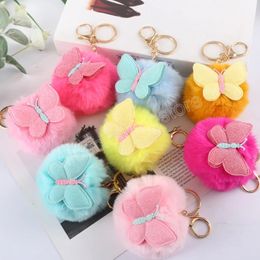 Cute Plush Ball Pendant Keychain Leather Butterfly Furry Faux Fur Keyring Holder Car Key Chains Rings Charm Bag Jewellery Gift
