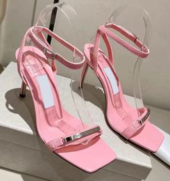 Designer with square toe high heel sandals, sexy open toe metal embellishments, genuine leather slim high heels for women's shoesEU35-43