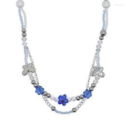 Pendant Necklaces 652F Blue Floral Bead Necklace Steel Chains Double-Layer Choker