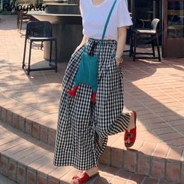 Plaid Wide Leg Pants Women Baggy Korean Style Panelled Temper Trousers Streetwear Pantalones Clothes Summer A-line Teens