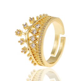 18K Gold Plated Princess Crown Finger Rings With Shiny Crystal Stone Bride Wedding Jewelry Accessories