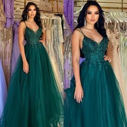 Green Spaghetti Appliques Dark Sexy Dresses Prom Tulle Evening Gowns Pleats Semi Formal Red Carpet Long Special Ocn Dress