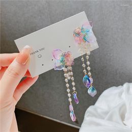 Dangle Earrings Korean Luxury Pink Flower Rhinestone Butterfly Crystal Long For Women Girls Fashion Party Jewellery
