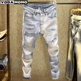 Men's Jeans European Jean Men Embroidery Patchwork Ripped Jeans Trend Brand Motorcycle Pant Mens Skinny Jeans pantalones hombre streetwear 230620