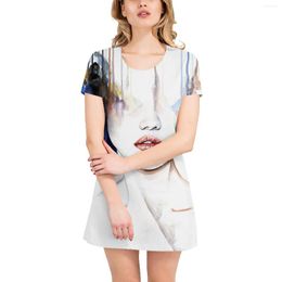 Casual Dresses Large Size Oversize Loose T-shirt Skirt Summer Girl Head Hand-painted Printing Round Neck Short-sleeved Mid-length
