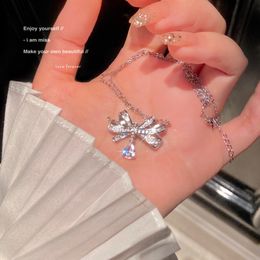 MOXI Jewellery Exquisite Full Diamond Luxury Micro Set Zircon Pendant Gifts to Girlfriend Heavy Crafted Bow Knot Water Drop Necklace
