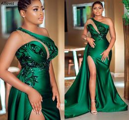 Dark Green South African Nigeria Girls Bridesmaid Dresses Long Mermaid One Shoulder Shiny Sequined Appliques Maid Of Honour Gowns Peplum Sexy Thigh Split Robe CL2475