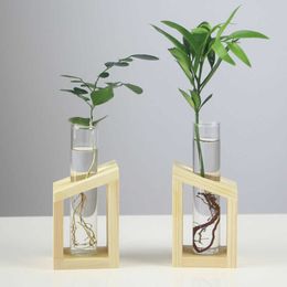 Planters Pots Glass Vase Transparent Vintage Wooden Frame Flower Arrangement Test Tube Hydroponic Flowerpot Desktop Decoration for Green Plant