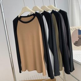 Women's T Shirts Casual Colour Contrast Stitching Raglan Sleeves Long-sleeved T-shirt Women's Autumn Feeling Elastic Brushed Cotton Loose