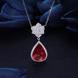 Sweet Wedding Pendant Necklaces zircon Diamond Rose flower water drop Simulation Ruby Pendant White Gold Plating Necklace Women Party Jewelry Birthday Gift