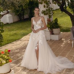 Stunning Spaghetti Strap Wedding Dresses With Slit V Neck Backless A Line Bridal Gown Lace Appliques Bead Summer Vestido De Mariee 326 326