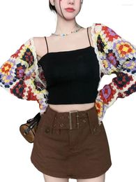 Women's Knits Women's Crochet Cropped Cardigans Multicolor Y2k Vintage Knitted Sweaters Long Sleeve Loose Beach Sunscreen 2023 Summer