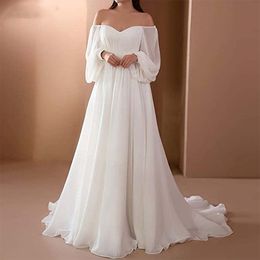 Simple Strapless Wedding Dresses 2023 Puff Sleeves Backless Chiffon Bridal Gowns Robe De Mariee Court Train For Elegant Women Vestidos De Noiva