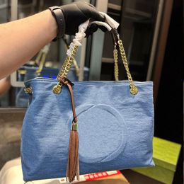 Chain Tote Bag Large Capacity Shopping Bag Handbag Plain Letter Print Leather Shoulder Straps Denim Canvas Shoulder Bag Internal Zipper Pocket High Quality Pouch